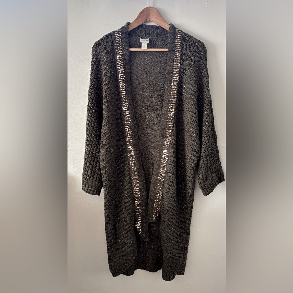 Chico’s Greta Green Sequins Trim Open Front Cardigan Size Large - Picture 2 of 6